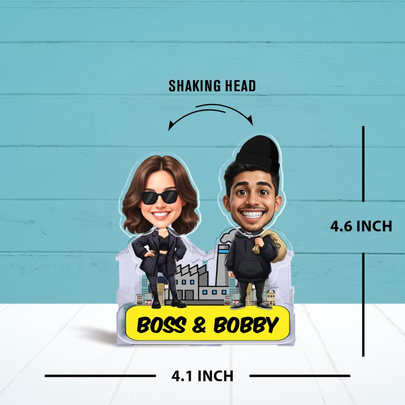 Personalized Bobblehead Caricature Custom with Face Cutout Battery Powered Moving Head for Car Dashboard & Tabletop Gift for Boss Lady